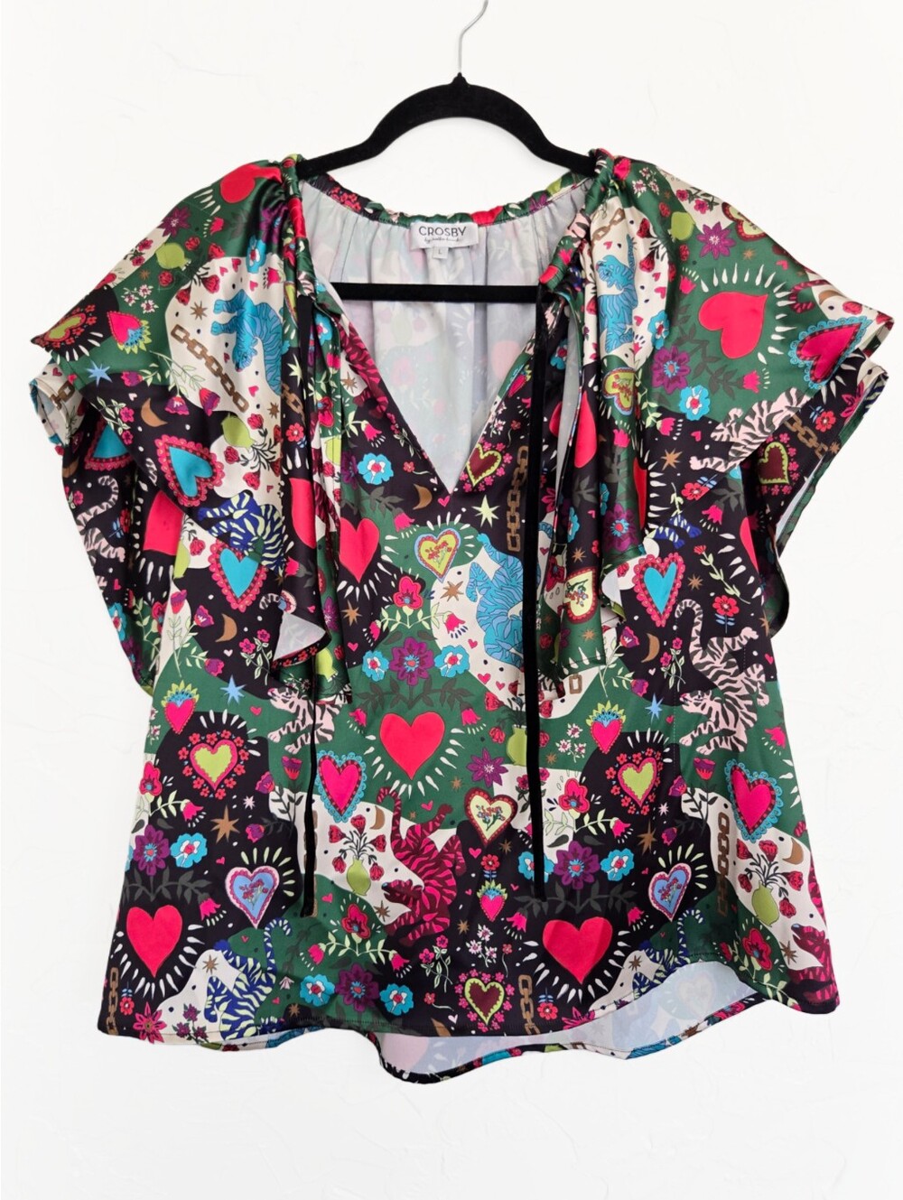 CROSBY Mollie Burch Colorful Heart Tiger Love Print Colroful Layered Top, L